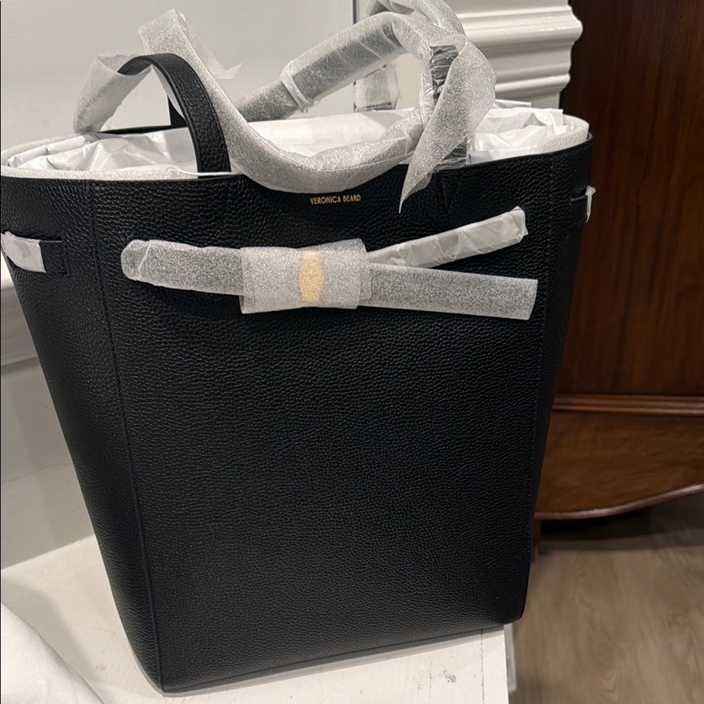 Veronica Beard Black Pebbled Leather Tote with Gold Logo